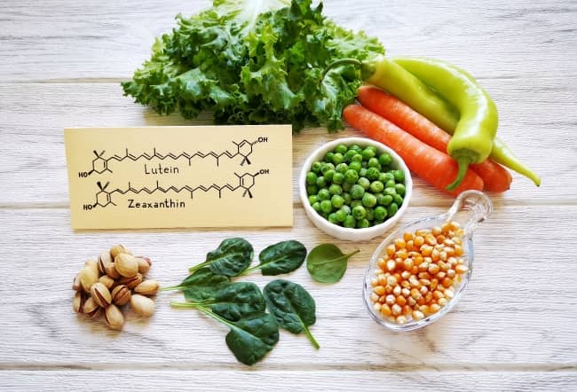 These nutrients are found in eggs, green leafy vegetables, grapes, pumpkin, peas, broccoli, asparagus, and squash. Lutein and zeaxanthin may offer some protection from AMD and cataracts.