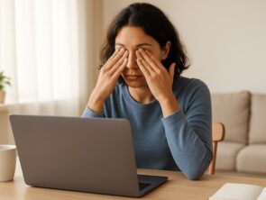 lady rubbing her eyes from looking at a computer screen