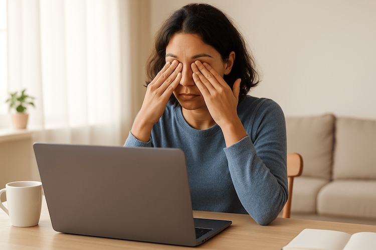 lady rubbing her eyes from looking at a computer screen