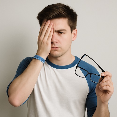 guy holding glasses rubbing his eyes