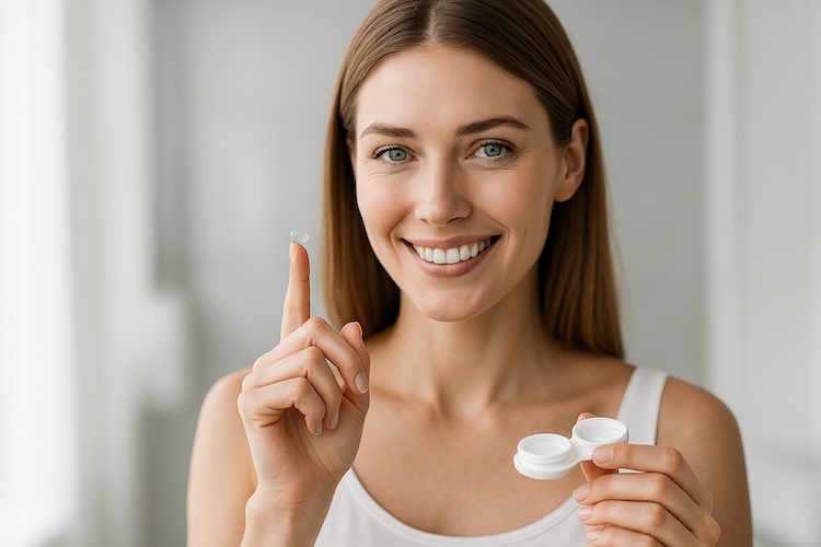 lady smiling with contact lens on her finger