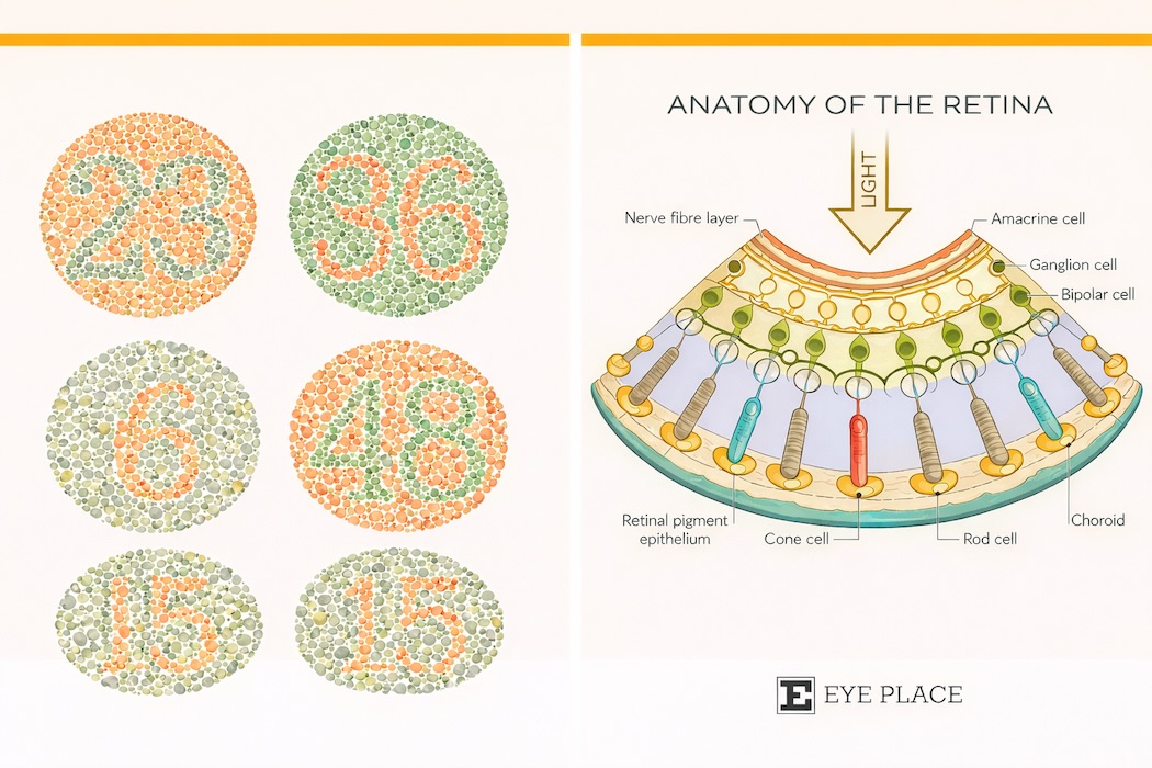 colour vision test and eye diagram